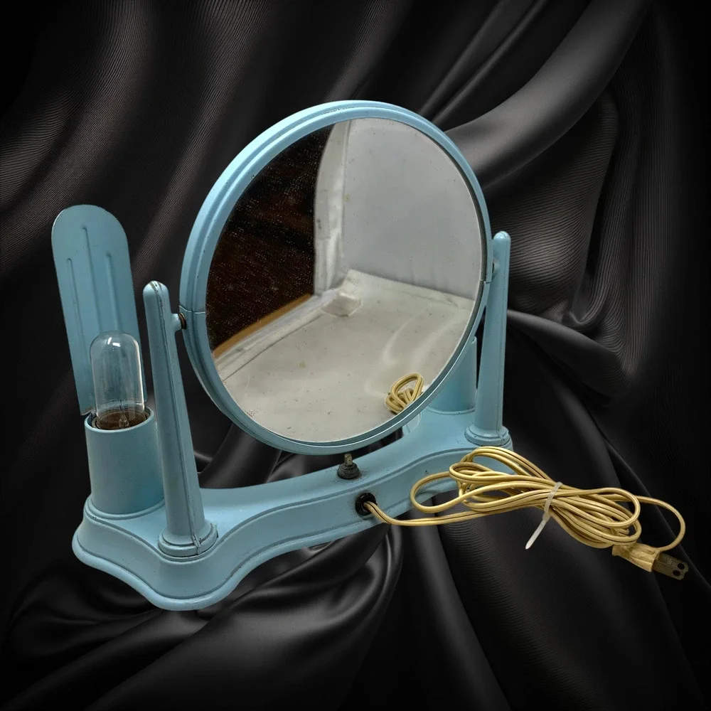 Vintage Bel Ayre Art Deco Boudoir Vanity Mirror Lighted Makeup Powder Blue